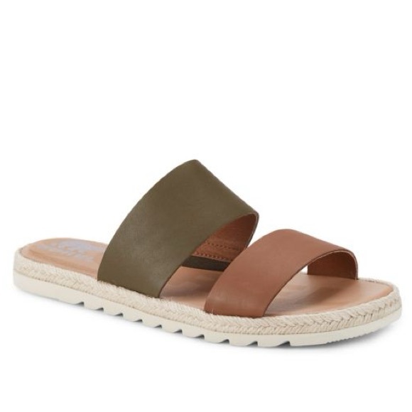 Sorel Shoes - SOREL Ella Leather Sporty Espadrille Slide Sandals Green/Brown Sz 8.5 Minimalist